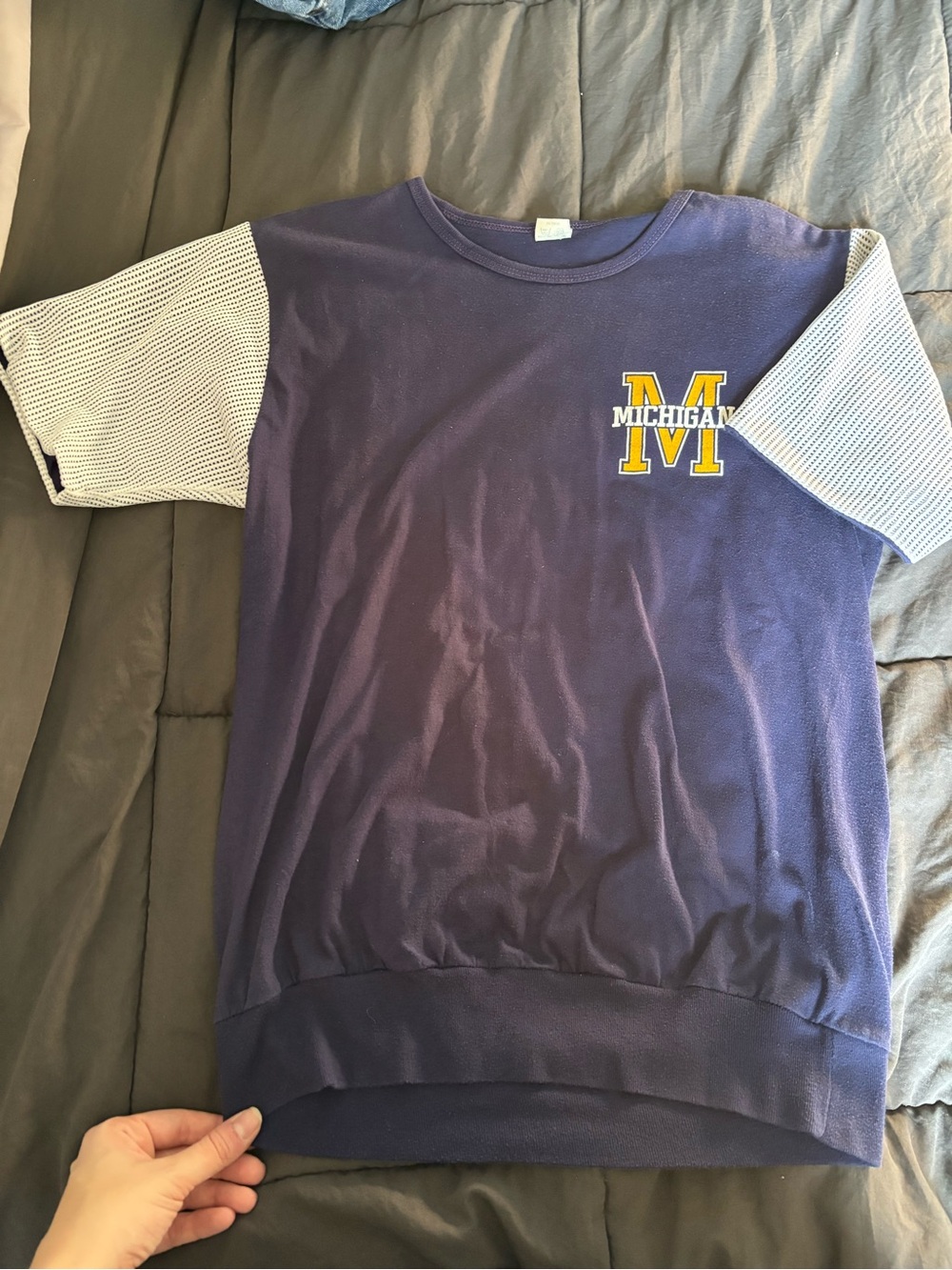Vintage Michigan M Logo Navy Short Sleeve w/Sweatshirt Hem